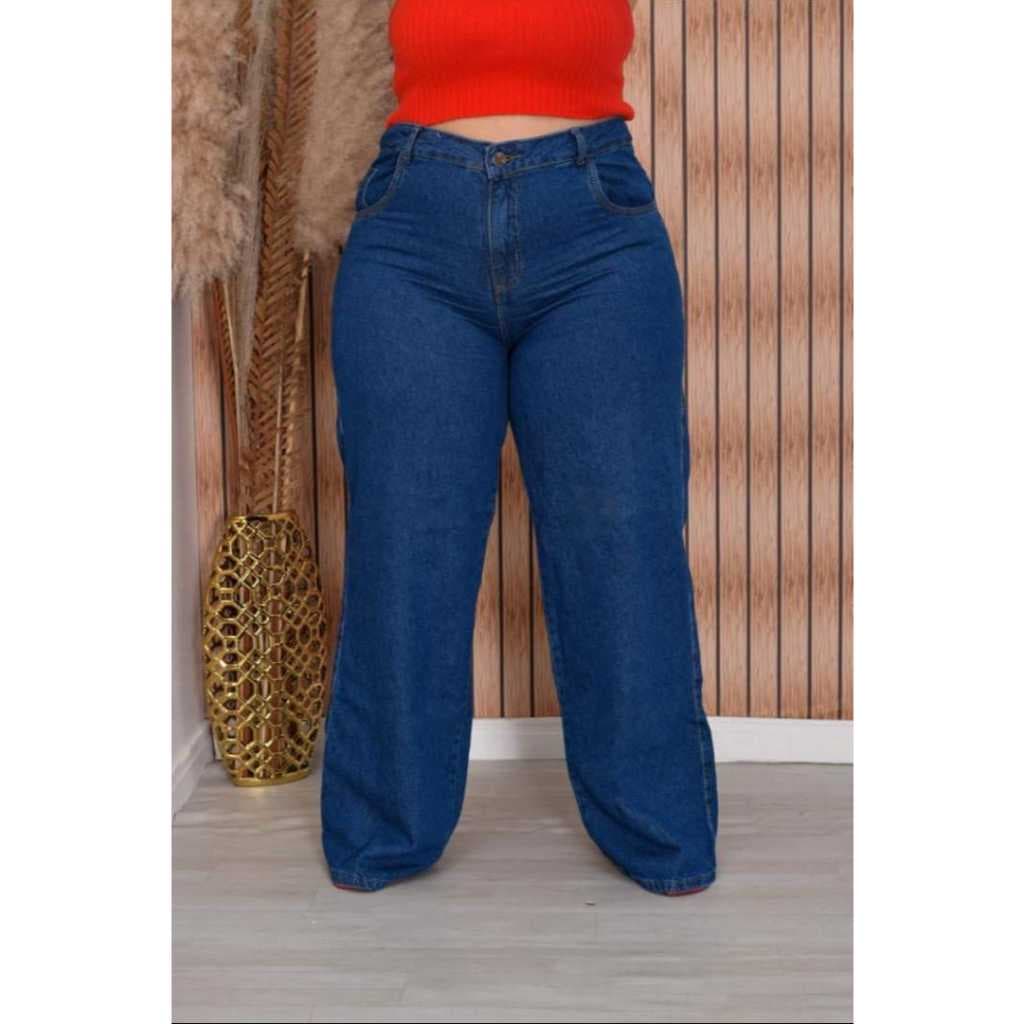 Calça Jeans Wide Leg Lisa Plus Size Feminina Cintura Alta 🔥