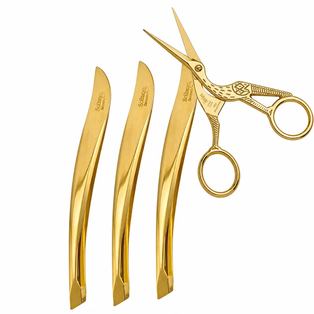 Kit 3 Pinças Solingen Chanfrada Folha Designer Sobrancelhas + Tesourinha Garça Dourada