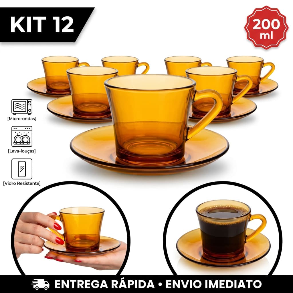 Jogo De Xícaras com pires Ambar 12 peças com 6 Xicara 200ml e 06 pires de Chá e Café Original