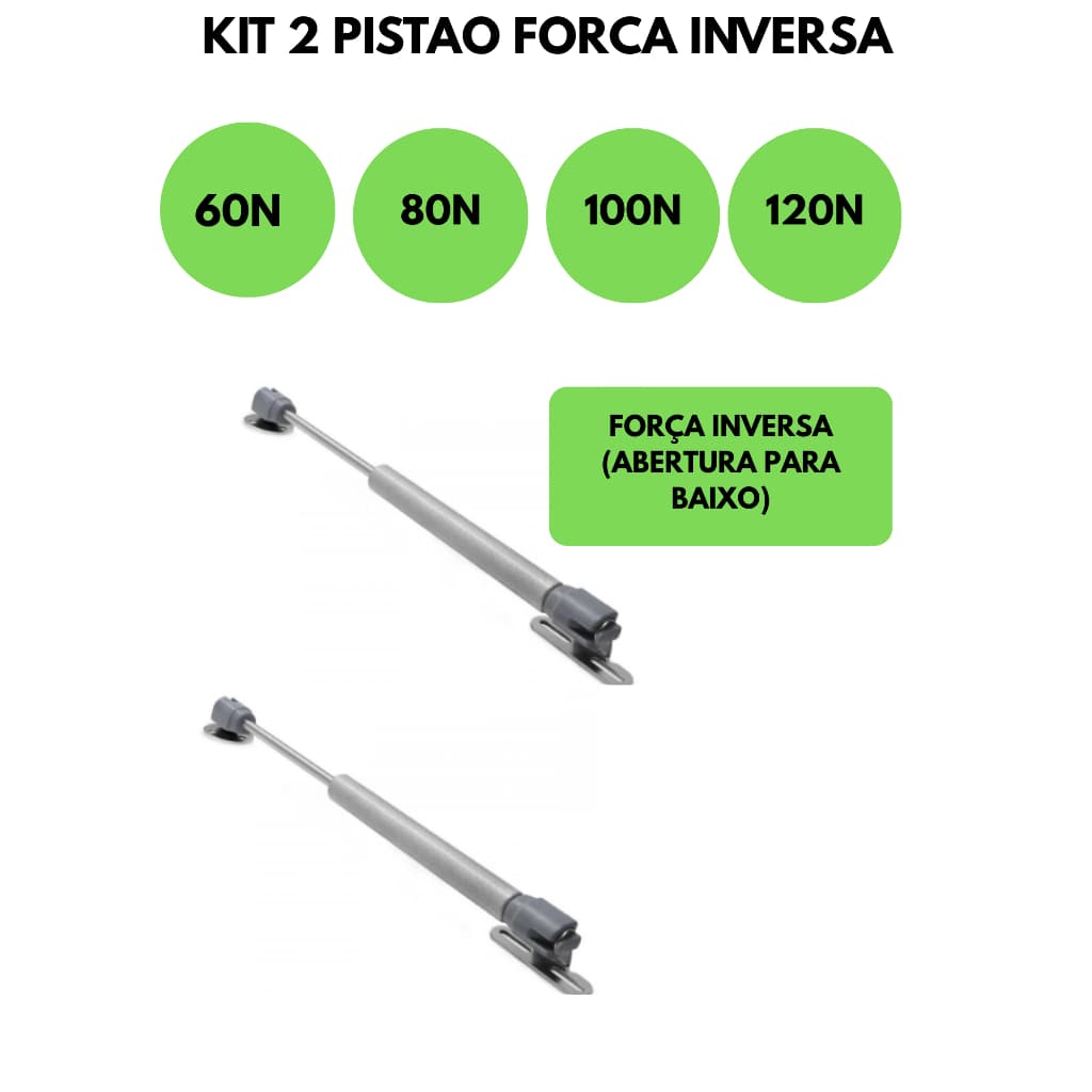KIT 2 Pistão a gás abertura para baixo, força inversa para moveis e moveis planejados   60, 80, 100 ou 120N
