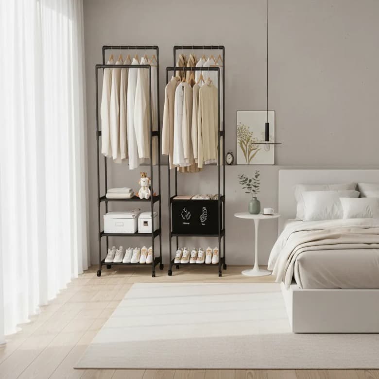 Arara Closet Organizadora Multifuncional em Aço com Cabideiro, Prateleiras para Sapatos e Cestos Organizadores – Ideal p