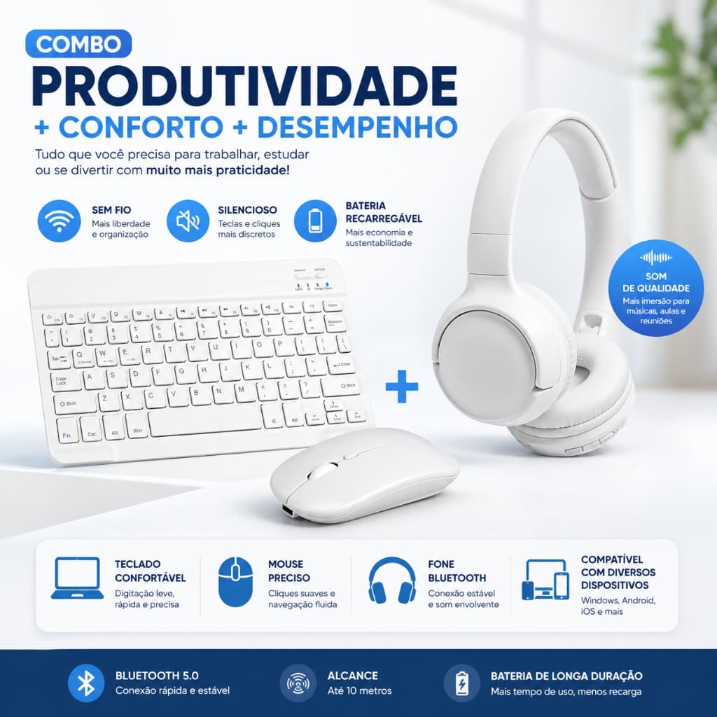 Kit Branco Fone Bluetooth + Teclado Mouse Sem Fio