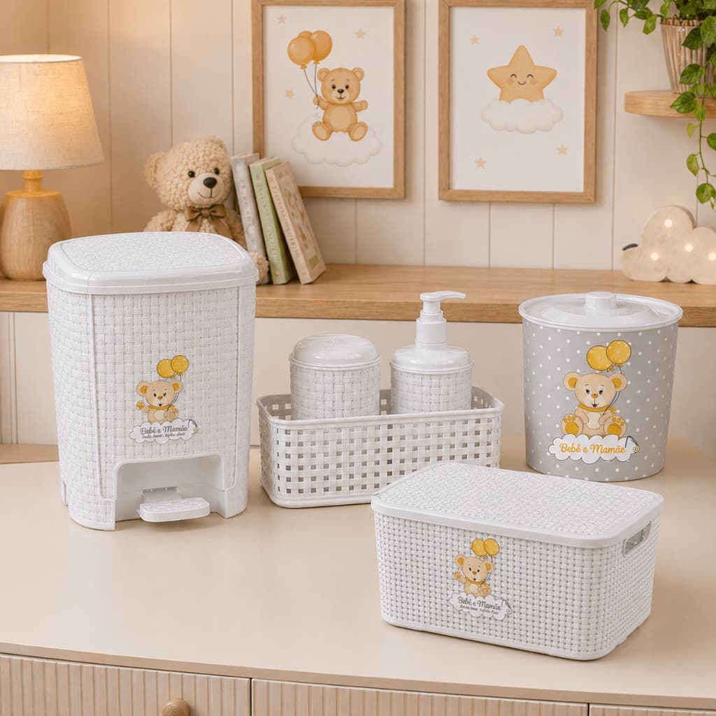 Kit Organizador De Quarto Infantil Com 4 Peças Bebê Completo Lixeiras E Caixa Organizadora Porta Algodão - Organização