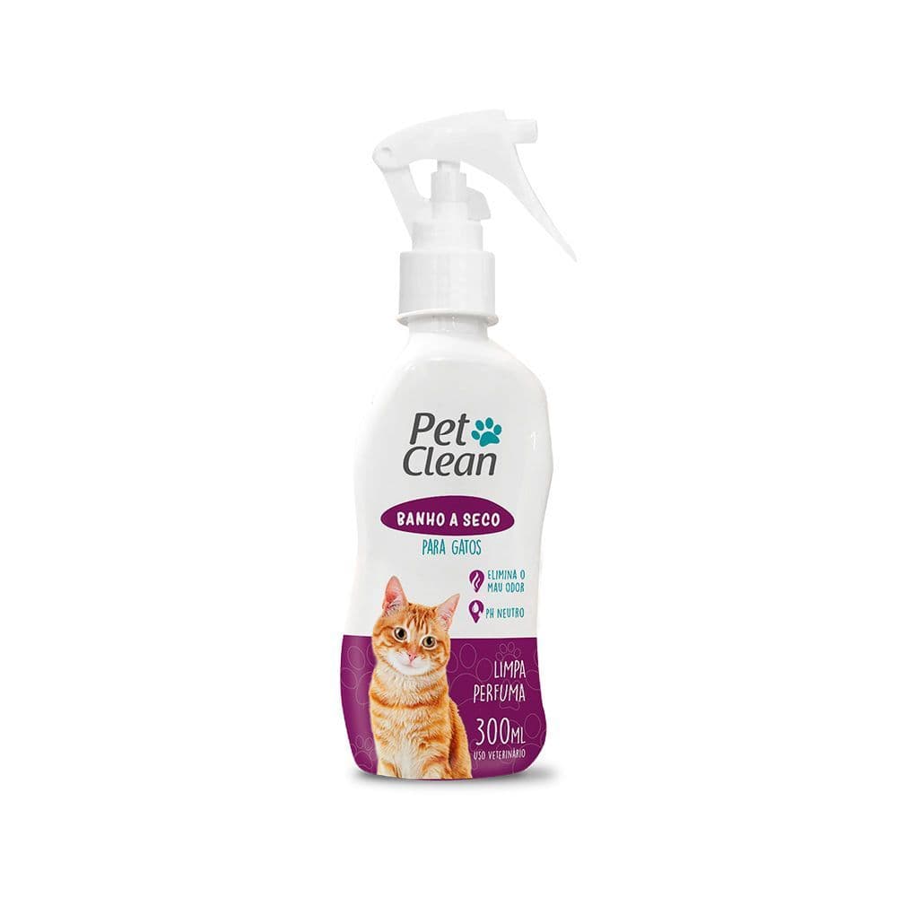 Banho a Seco Pet Clean para Gatos 300ml Spray Higienizador Limpeza Rapida e Perfume Suave