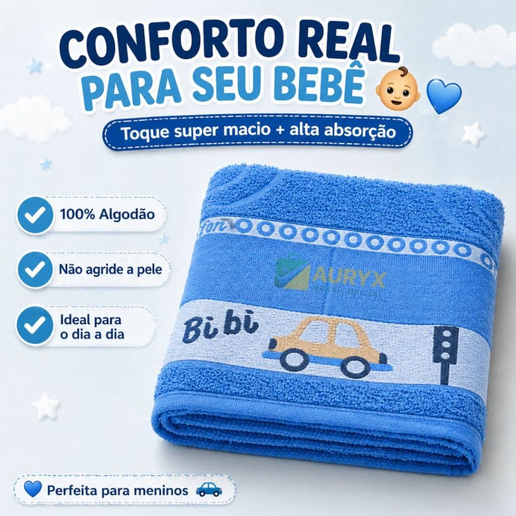 Toalha Banho Grande Secagem Rápida Bebê Menino Azul 100% Algodão Macia Absorvente 70x110 Estampa Carrinho