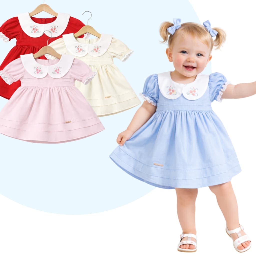 Vestido Infantil Bebê com Gola Peter Pan Bordada e Manga Com Bico Vestidinho Para Meninas Moda Baby