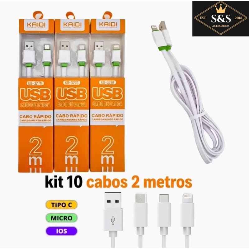 Kit 10 cabos Kaidi 2 metros flexível e resistente 100% original