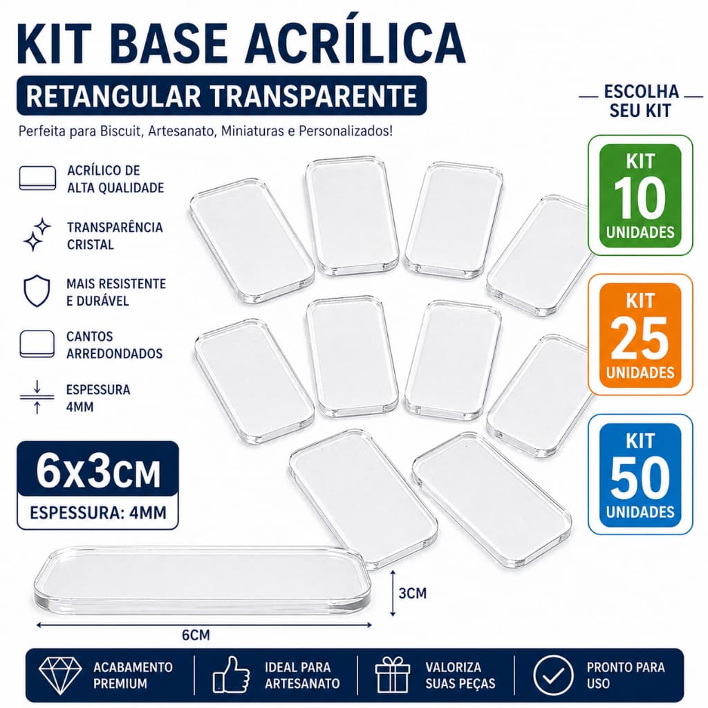 Kit Base Acrílica Retangular 6x3cm 4mm Transparente Para Biscuit Artesanato