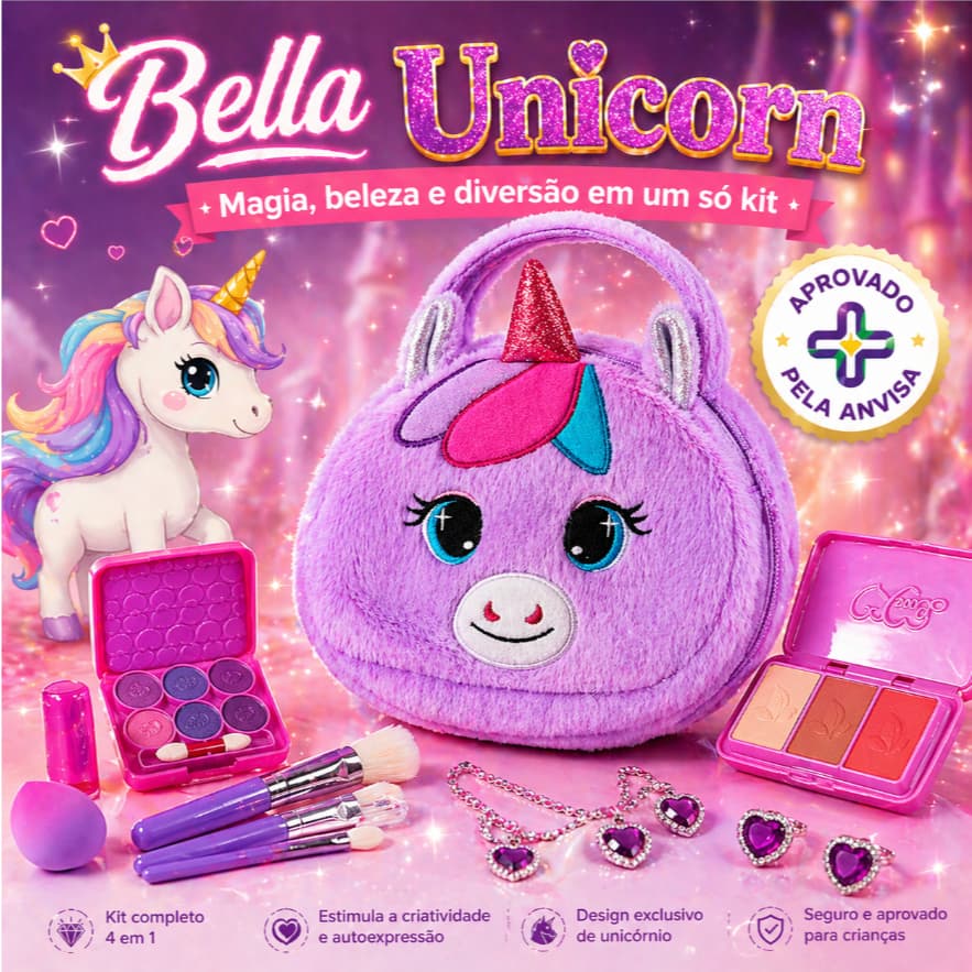 Kit Maquiagem Infantil Unicórnio com Bolsa | com Acessórios Completo 4 em 1 Aprovado pela ANVISA