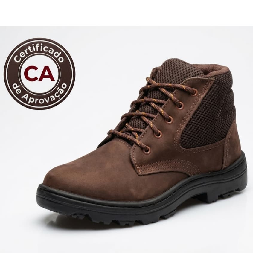 Bota Coturno Segurança em Couro Nobuck Café Bico PVC Com CA Reforçada Confortável Antiderrapante EPI