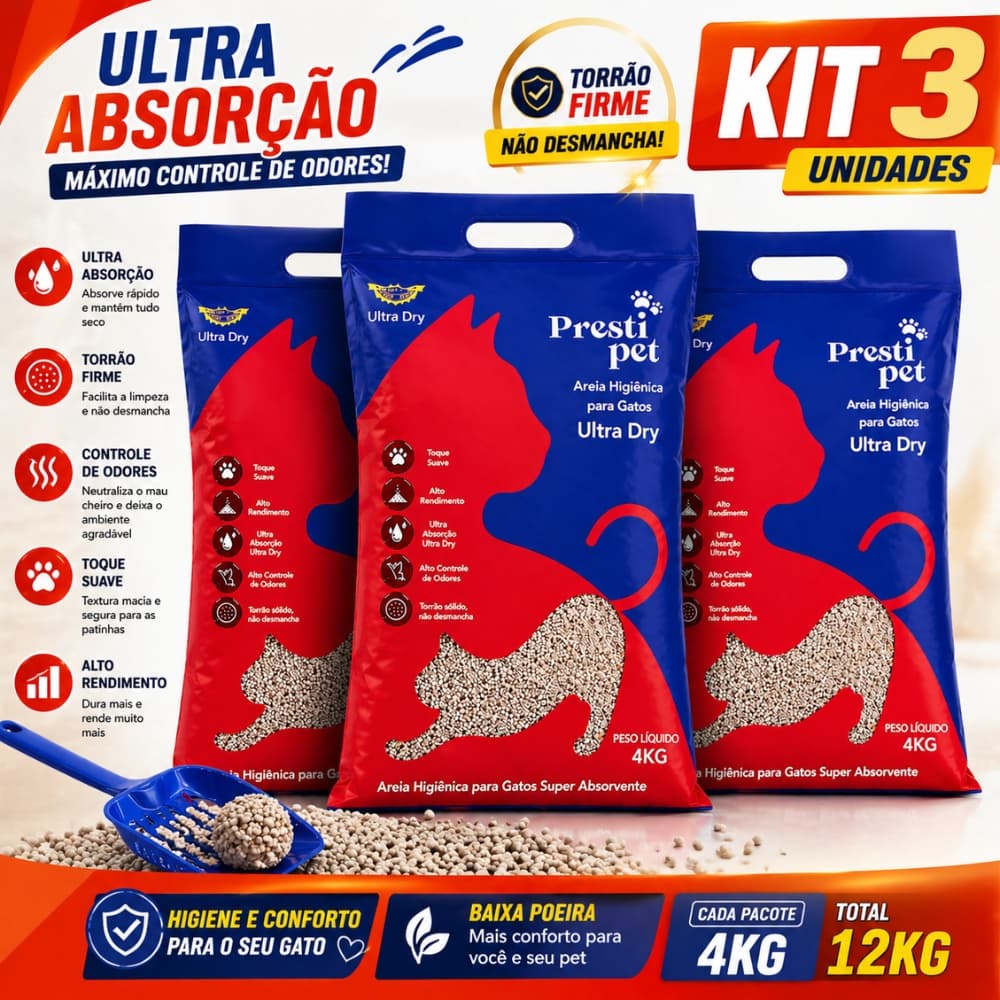 Kit 3 Areia Gatos 4kg Ultra Dry Sem Cheiro Torrão Firme Alta Absorção