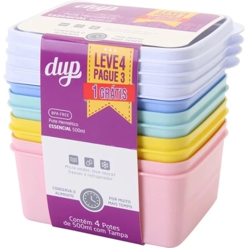 Conjunto 4 Potes Herméticos Essencial 500ml DUP BPA FREE Marmita Potinho Freezer