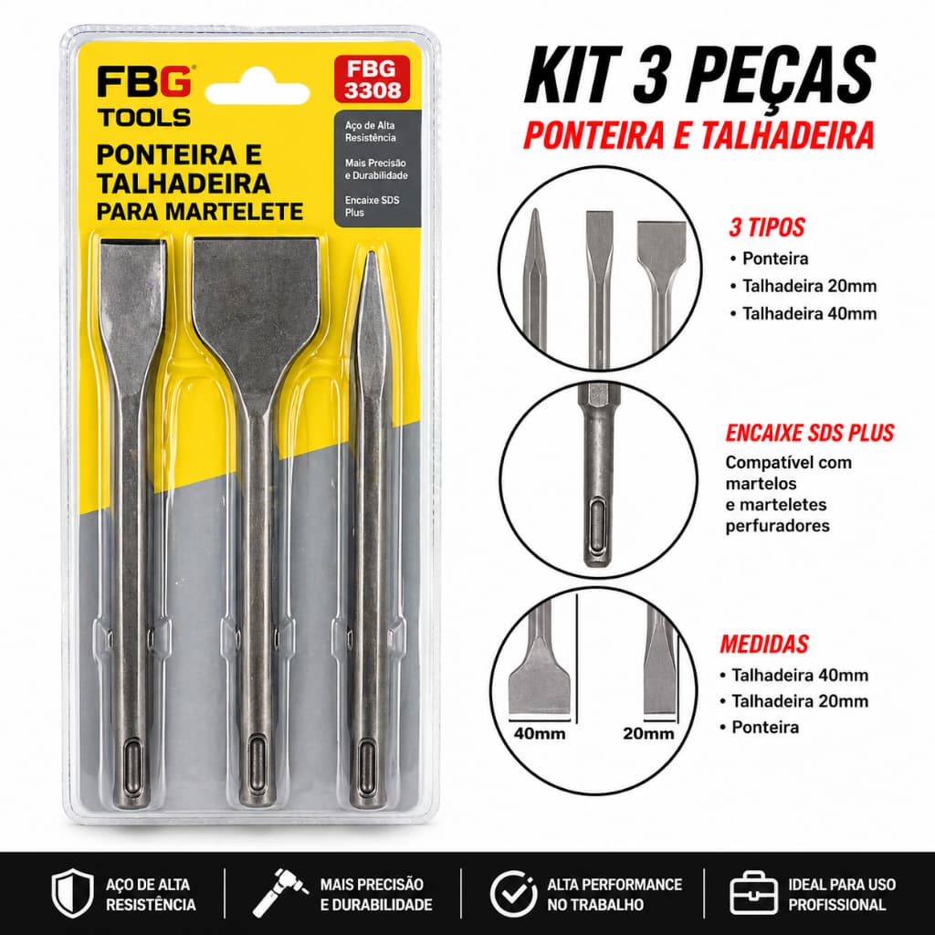 Kit Ponteira e Talhadeira 3 Peças Cinzel SDS Martelete FBG Profissional