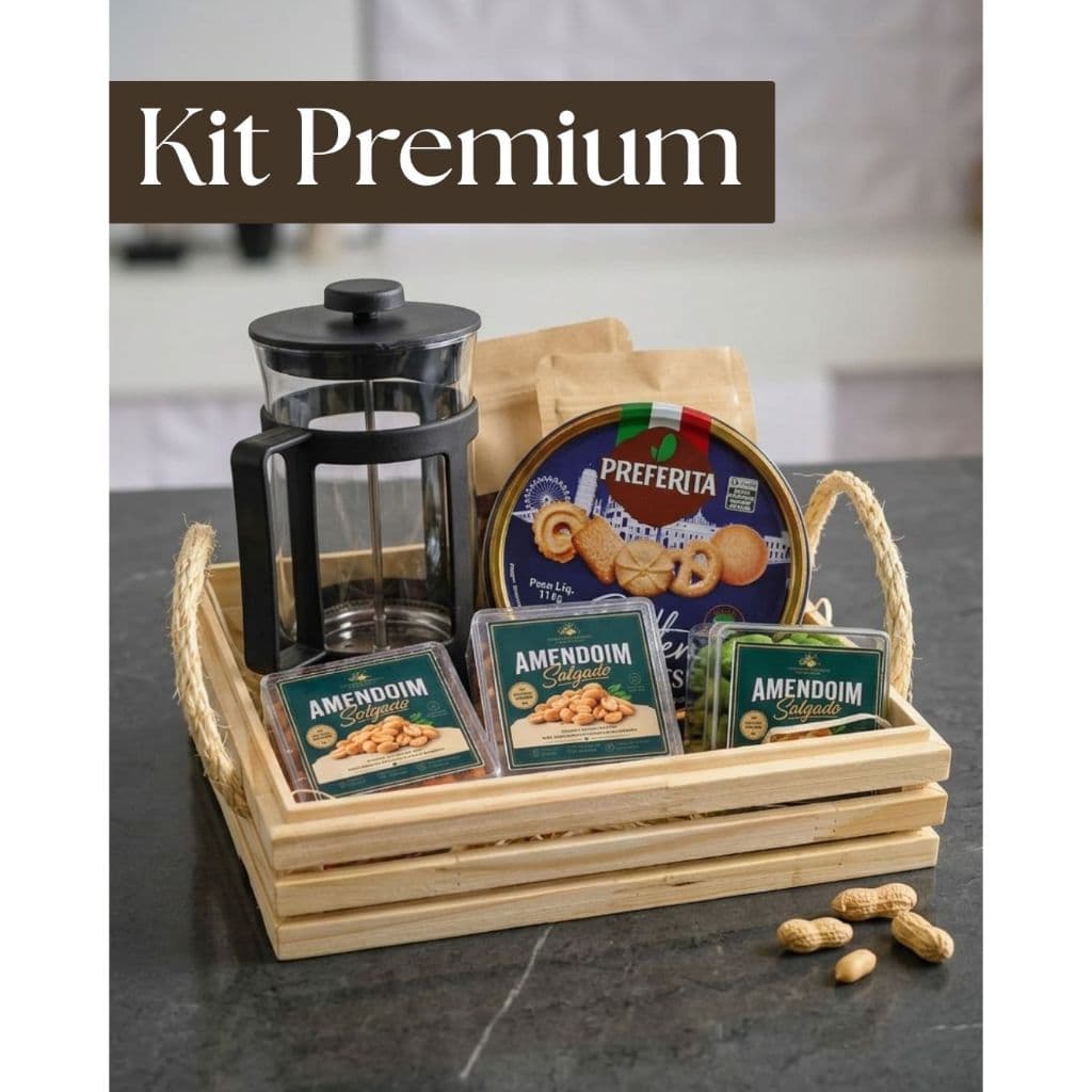 Kit presente café, cafeteira Francesa, amendoim, café, biscoito