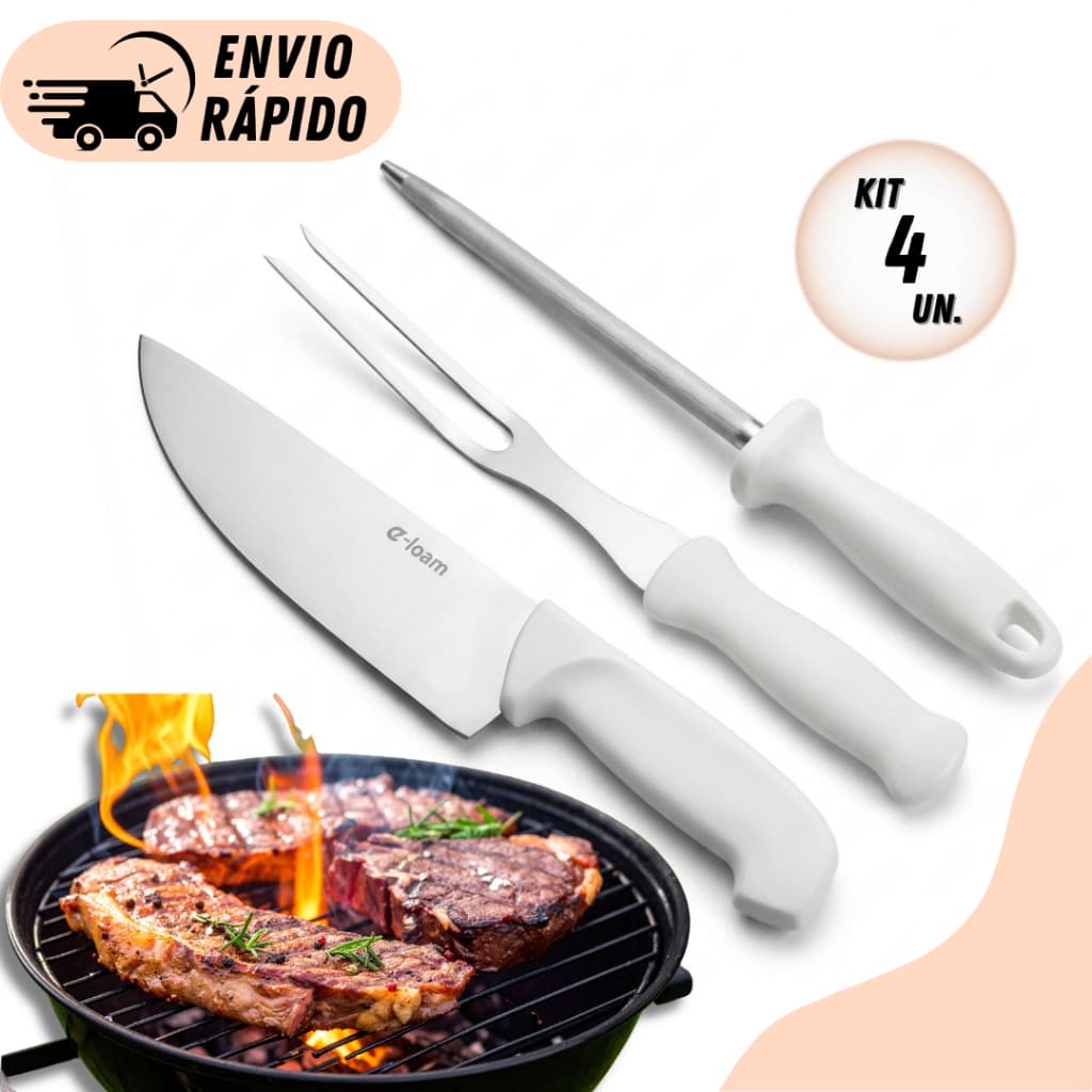 Kits 4 ou 2 Conjunto de Churrasco 3 Peças Faca Garfo Chaira Aço Inox Premium Cabo Branco Práticos e Duráveis Original