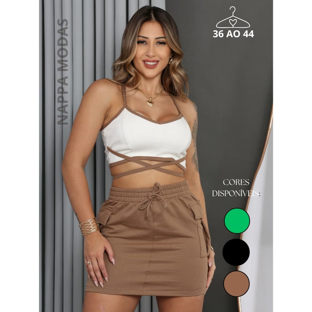 Conjunto Saia Curta Cintura Alta Moletinho Bolso Cargo Com Cropt Ribana Canelado Bicolor Tiras