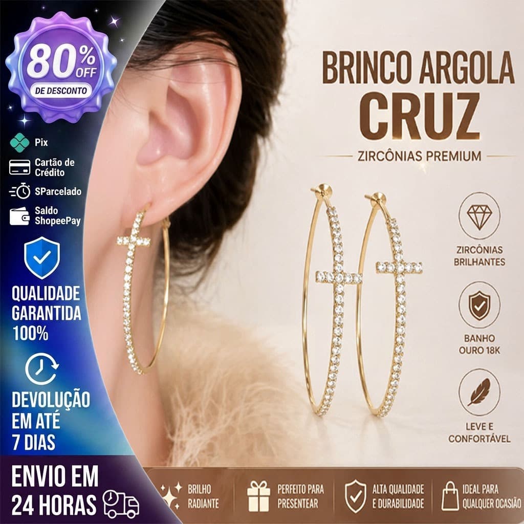 Brincos Argola Grandes com Cruz Brilhante Y2K Vintage Feminino Moda Festa Casamento