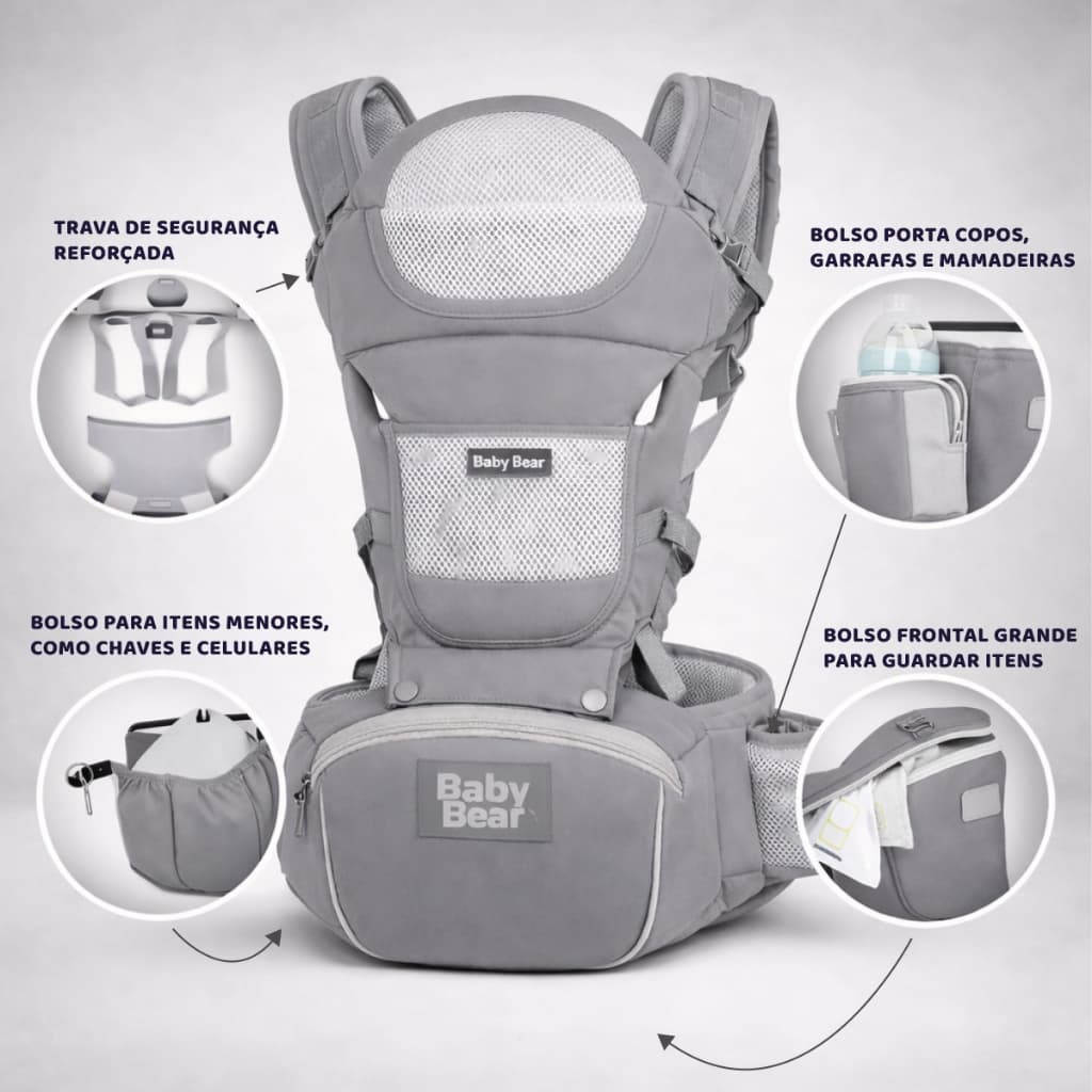 Canguru Cinza Bebê Ergonômico 3 em 1 com Apoio Lombar Assento Confortável para Recém Nascido