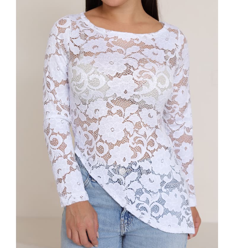 Blusa Feminina Renda Manga Longa Tamanho Único | Elegante, Transparência Delicada, Moda 2026