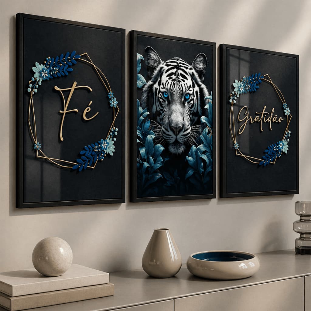 Kit 3 Quadros Decorativos Tigre Fé e Gratidão Preto e Azul Sala Quarto Moderno