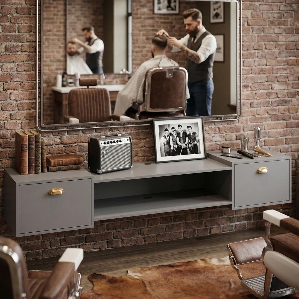 Bancada Barbearia Shop Corleone Vintage | Móvel para Barbearia com 2 Portas e Amplo Espaço 180cm