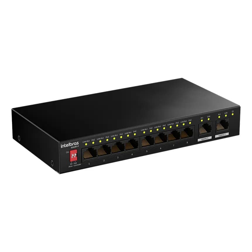 Switch Intelbras S1110F-P 8 PoE Fastethernet +2 Uplink 10 Portas Extender 250m PD Alive Profissional