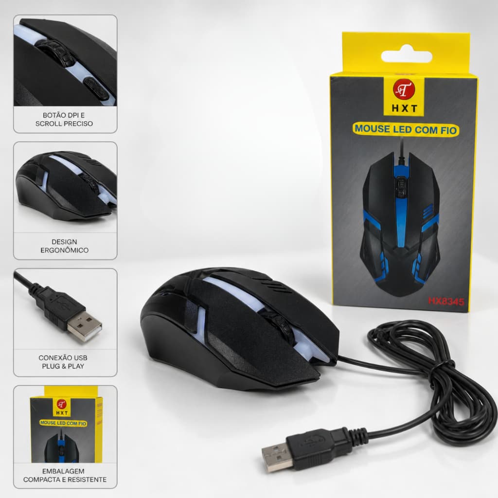 Mouse Óptico Gamer Ergonômico Com Fio E Dpi Led Colorido