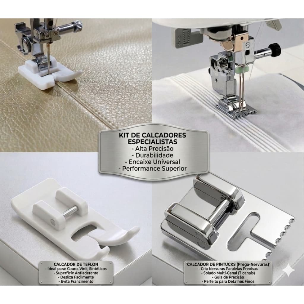 Kit 2 Pçs Calcadores Teflon Costurar Malha/Plástico/Couro/Plástico/Cetim/Vinil Sintéticos Pé Nervuras/Frisos/Cordões