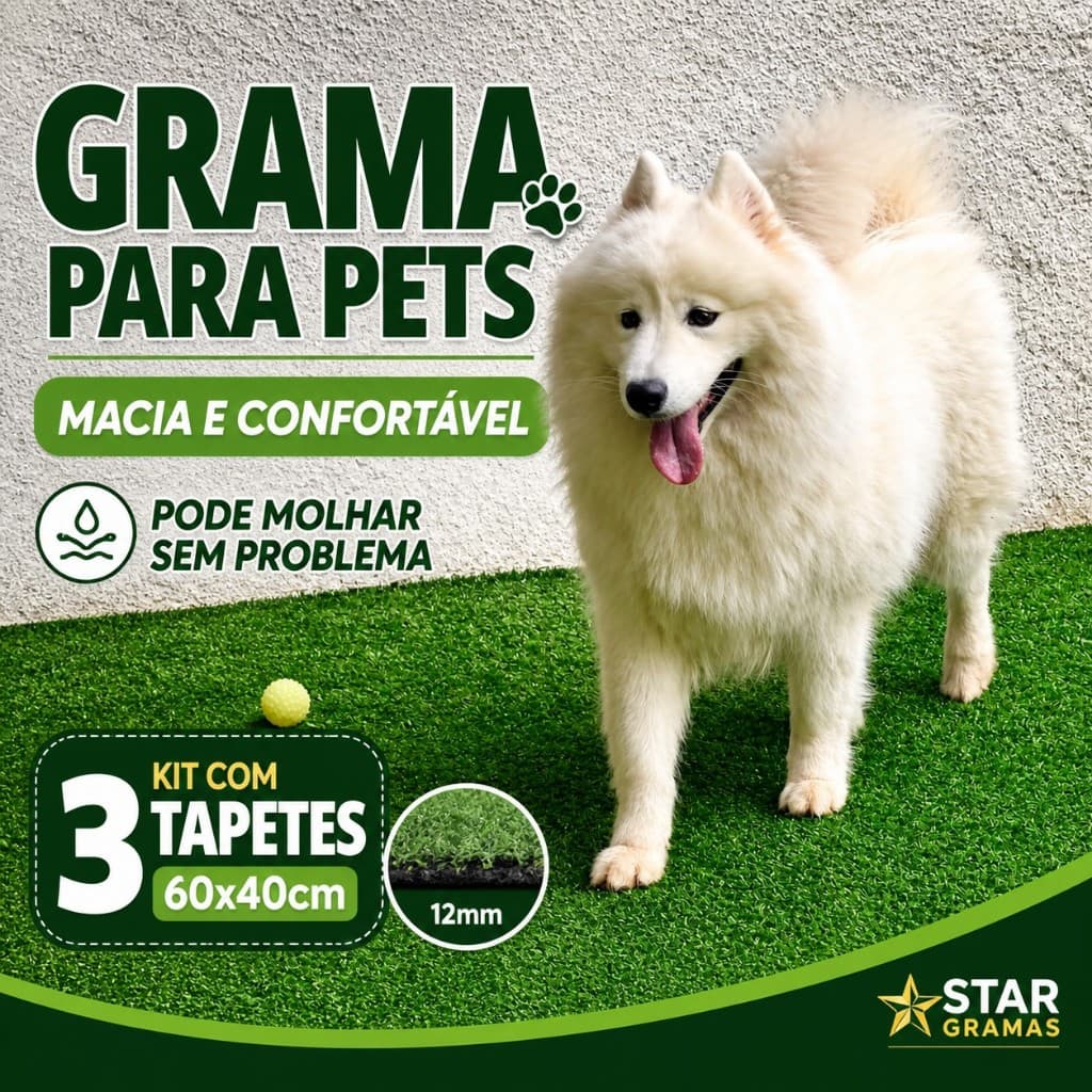 KIT 3 TAPETES DE GRAMA SINTÉTICA 60x40 CM – BASE ANTIDERRAPANTE – PARA PET, CRIANÇA, JARDIM E PLAYGROUND
