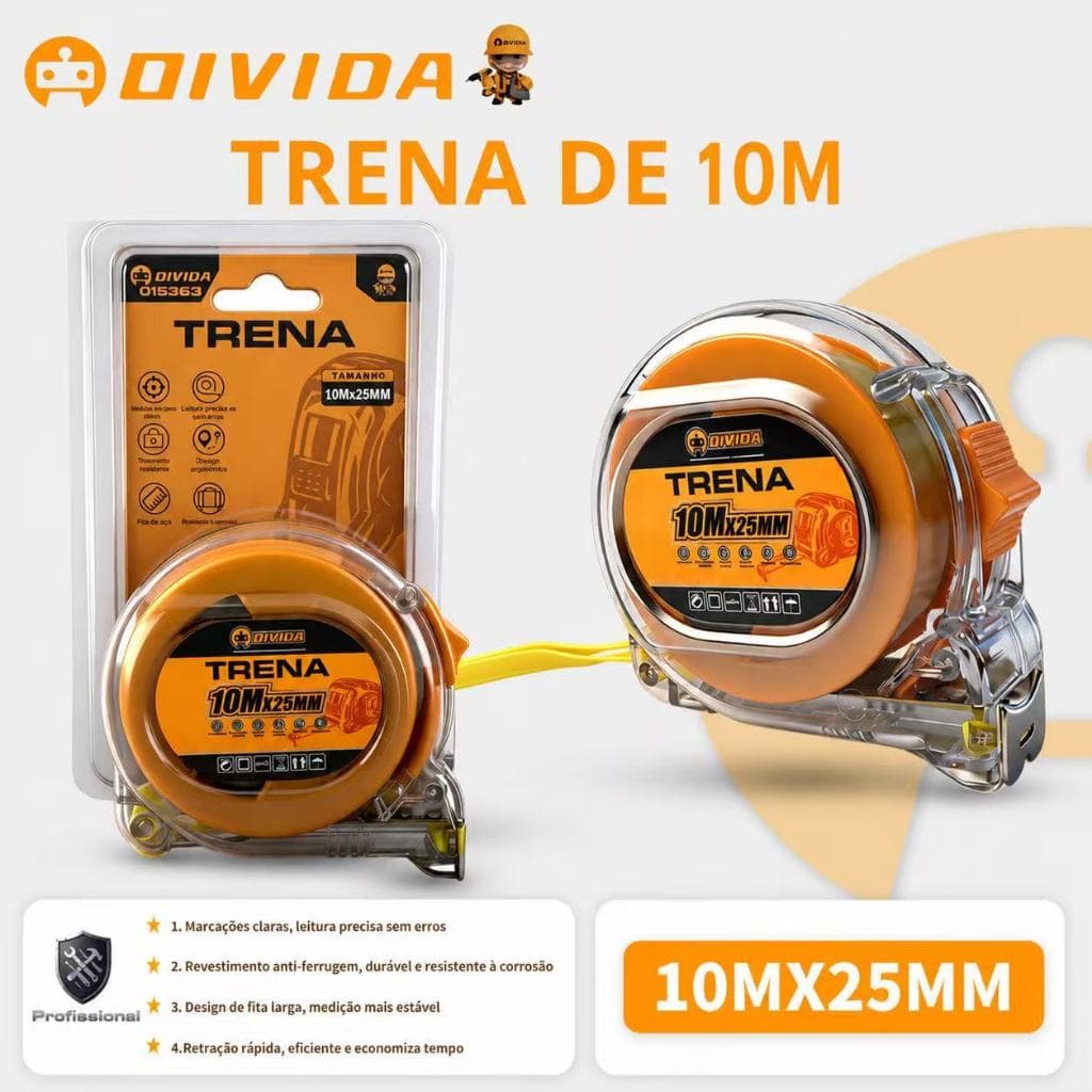 Trena Métrica Manual 5 Metros Com Trava Acrílico Transparente Aço Ferramentas Medir