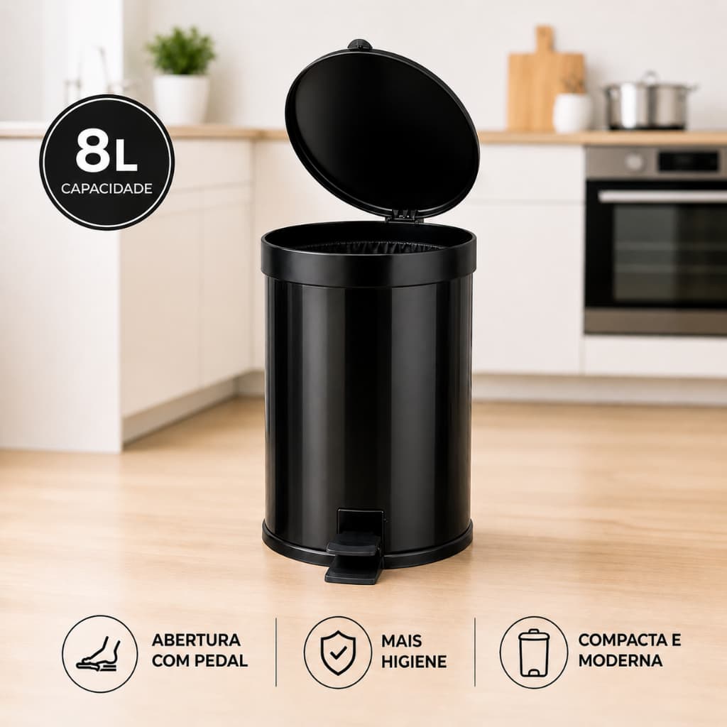 Lixeira com Pedal 8 Litros Preta ou Branca para Cozinha Banheiro Escritório - Compacta, Durável.