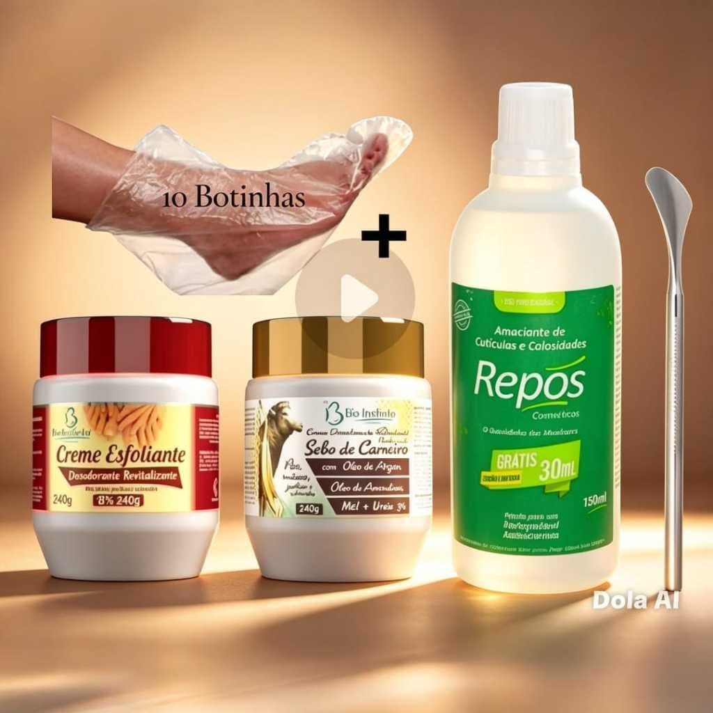 Kit Manicure Rachaduras :Creme Esfoliante + Hidratante C/ Ureia Bio Instinto 240g+ Repôs 150ml + Espátula 222+10 Botas