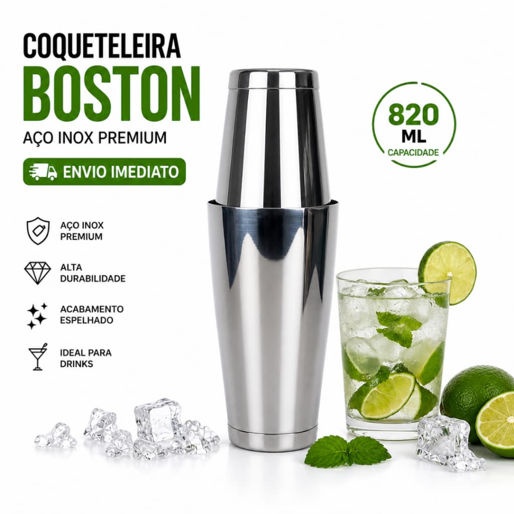 Coqueteleira Boston 820ml Inox p/ até 3 Drinks - Para Bartenders e Amantes de Bebidas Usarem em Festas, Bares e em Casa