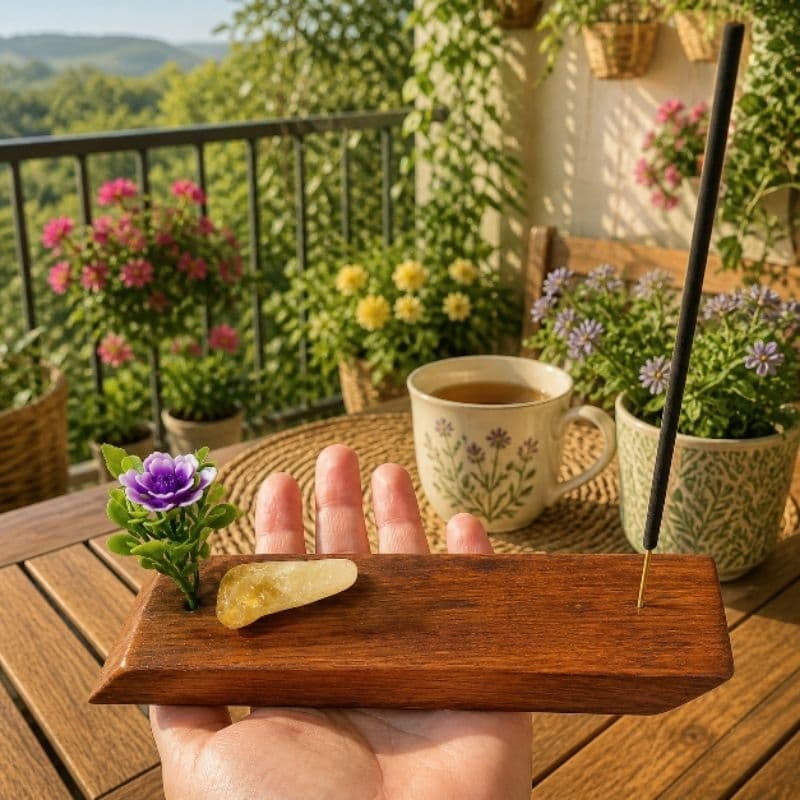 Incensário Porta Incenso Decoraçao Com Plantinha Artificial e Pedras Naturais Artesanal