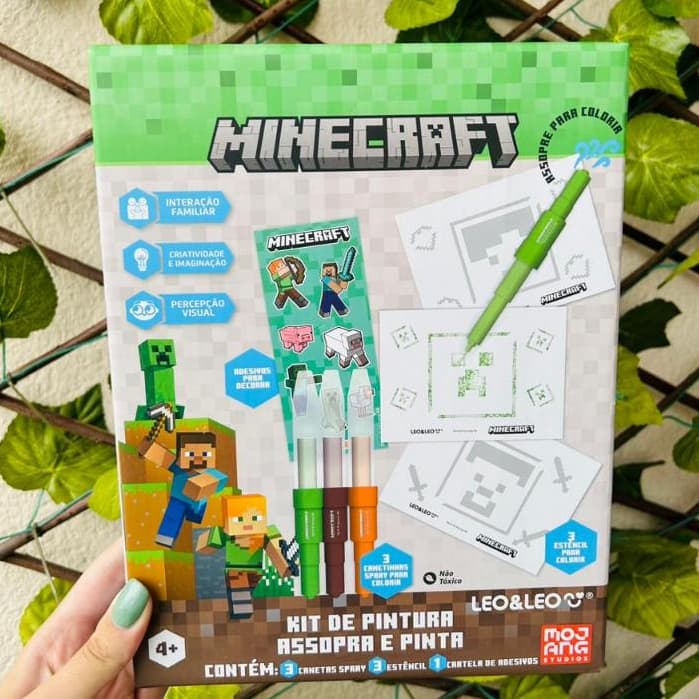 Kit de Pintura Assopra e Pinta Minecraft Caixa Leo&Leo Presente Infanti Interativo Criança Desenho