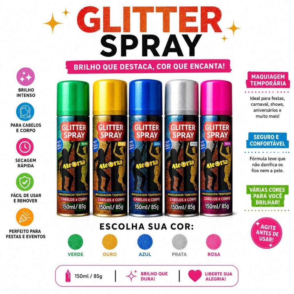 Glitter em Spray da Alegria 150ml Cabelo e Corpo (VIVA O CARNAVAL)
