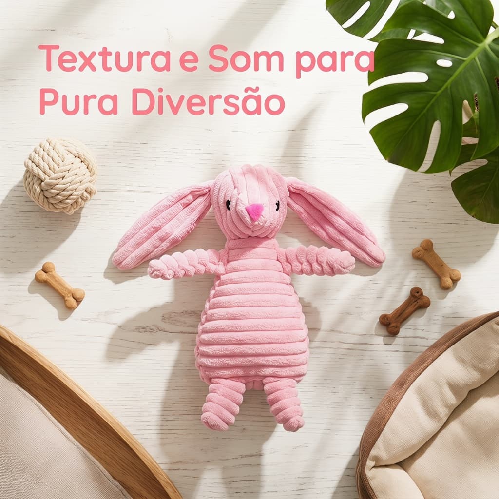 Pelúcia com apito para cães, coelhinho rosa corduroy, orelhas longas e resistente a mordidas