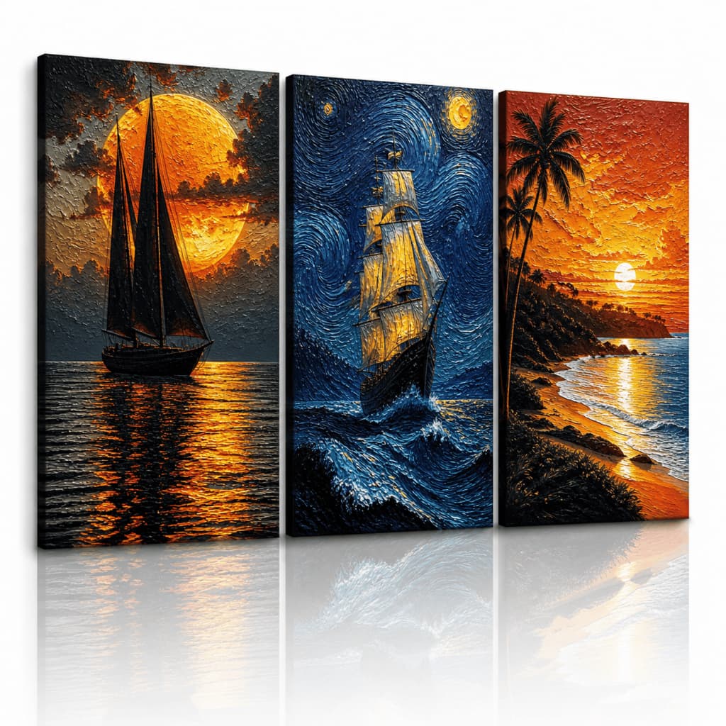 Kit Quadro Decorativo Pintura Van Gogh Navio 3 Peças 60x40