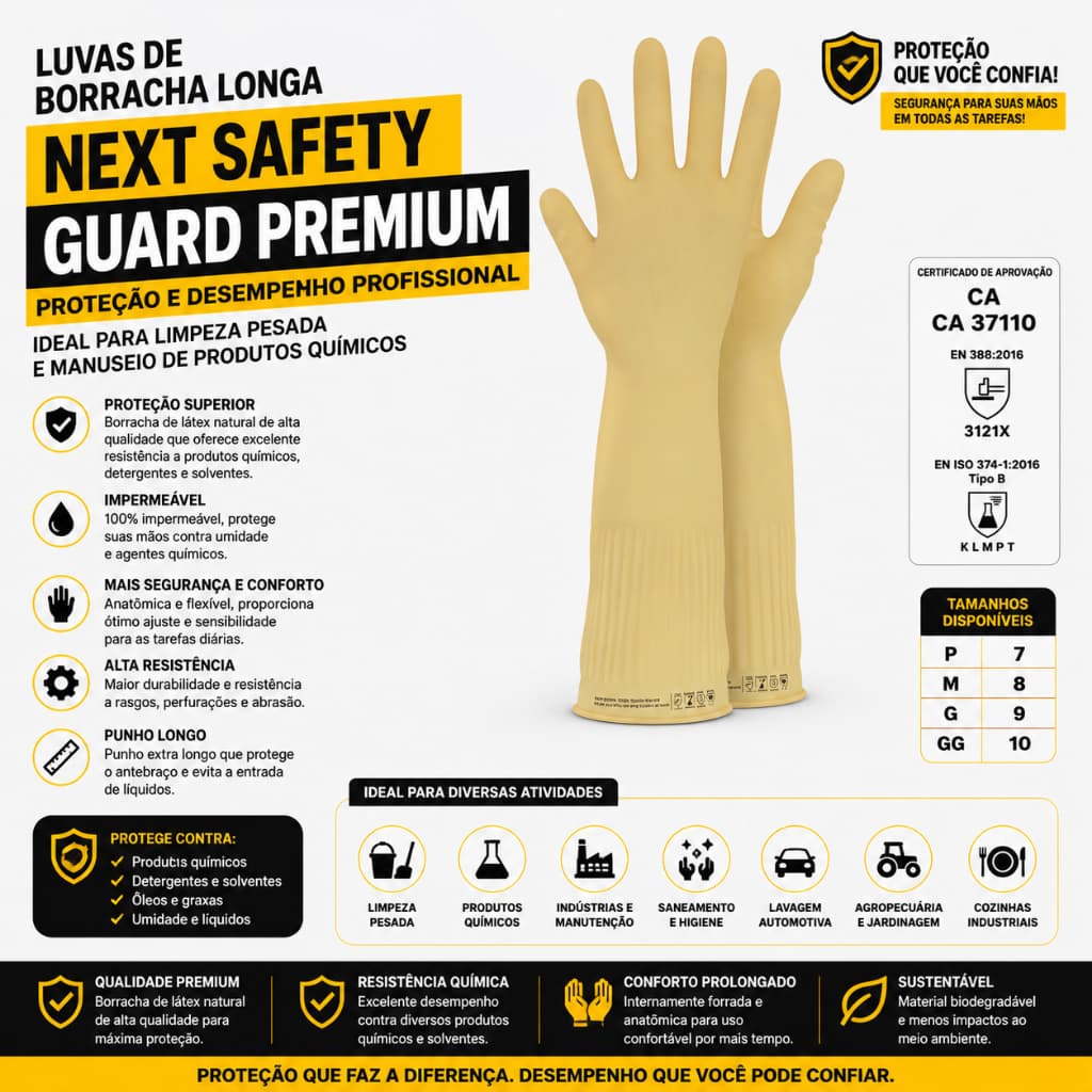 Luva de Borracha Longa Profissional Next Safety Guard Premium - Limpeza Pesada e Produtos Químicos