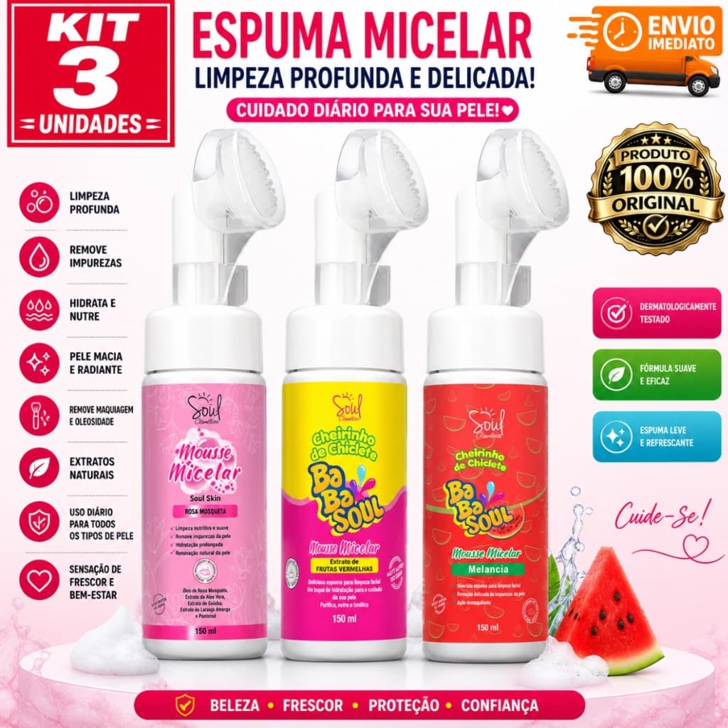 Kit 3 mousse micelar facial  , sabonete facial ,150 ML cada limpeza completa, hidratação profunda , remove maquiagem