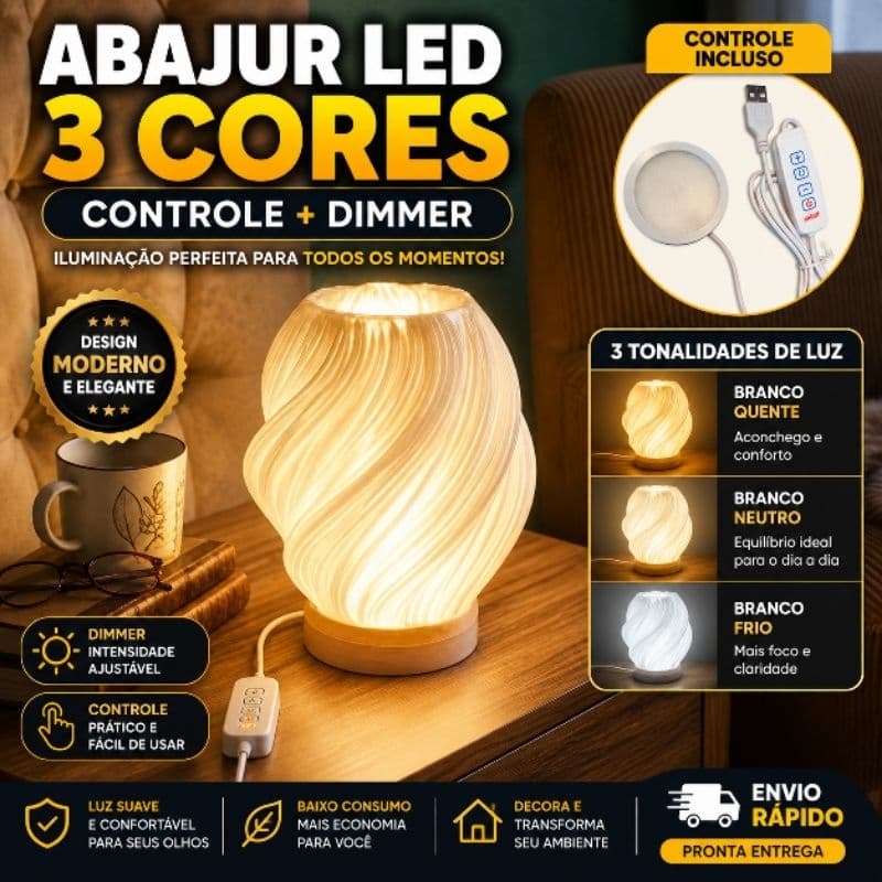 Abajur LED 3 Cores Com Controle Integrado ao cabo USB e Dimmer Luminária Decorativa Luz Quente Frio Neutro Quarto Sala