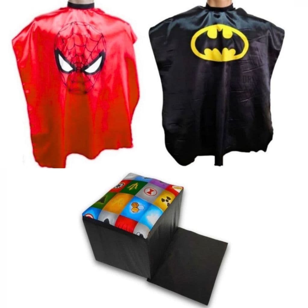 Kit Capa Infantil + Puff Barbeiro Heróis Corte Cabelo