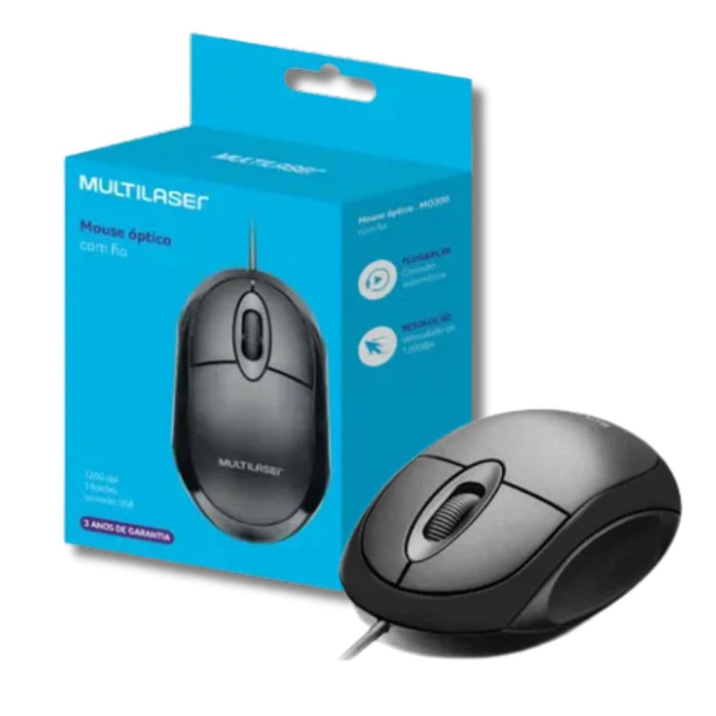 Mouse Classic Box Usb Com Fio 1200dpi 3 Botoes Mo300 Anatomico Cabo 1.2m Preto Multilaser