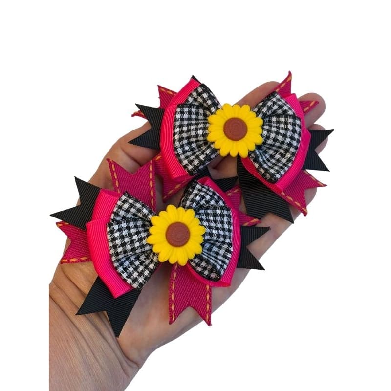 Laço Junino Xadrez com Girassol  Par de Laços Festa Junina Infantil Colorido Laço Junino Pink Preto com Girassol