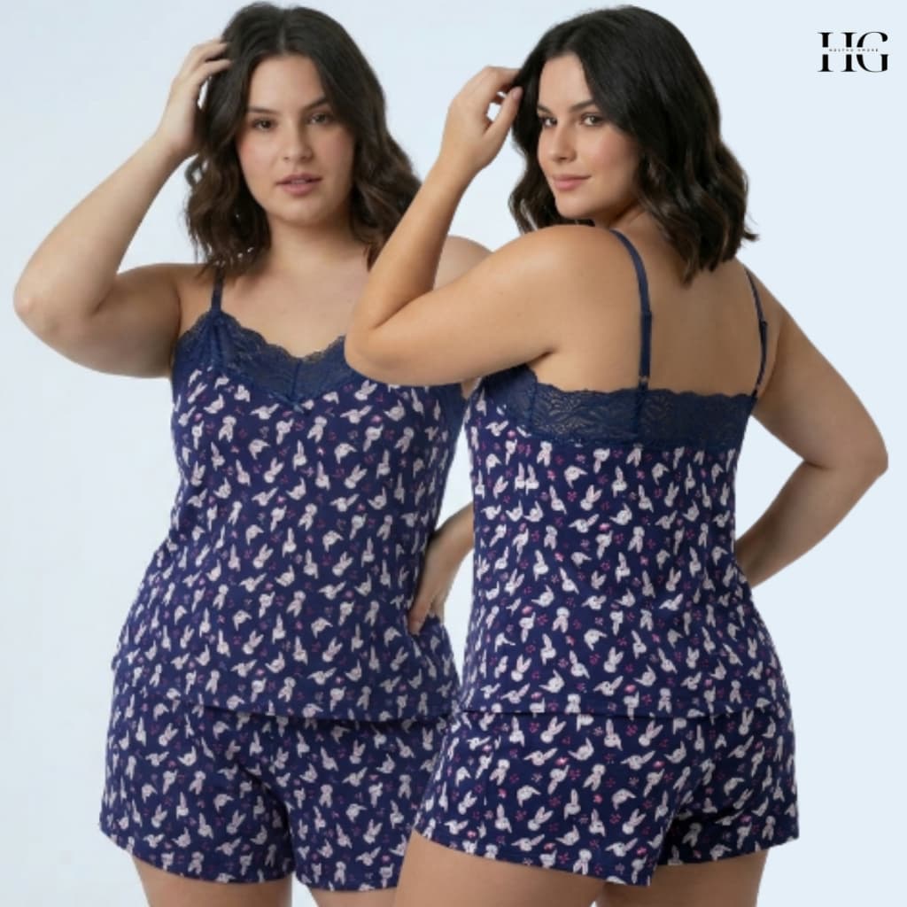 Short Doll Plus Size Feminino Short Estampado Renda Confortável Dormir Verão Blusinha