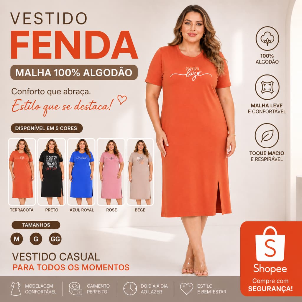 Vestido Feminino Midi 100% Algodão Fenda Lateral Casual