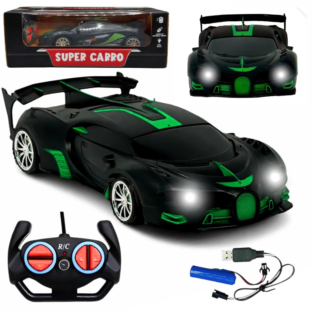 Carro Controle Remoto Recarregavel Grande Preto Farol Led