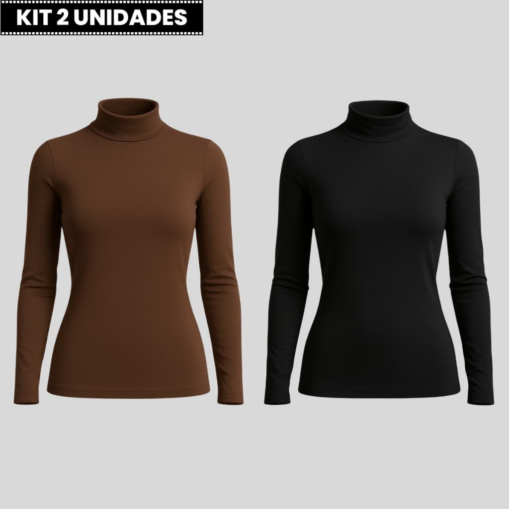 Kit 2 Blusas Femininas Gola Alta Cacharrel Manga Longa Suplex Premium Modeladora Zero Transparência