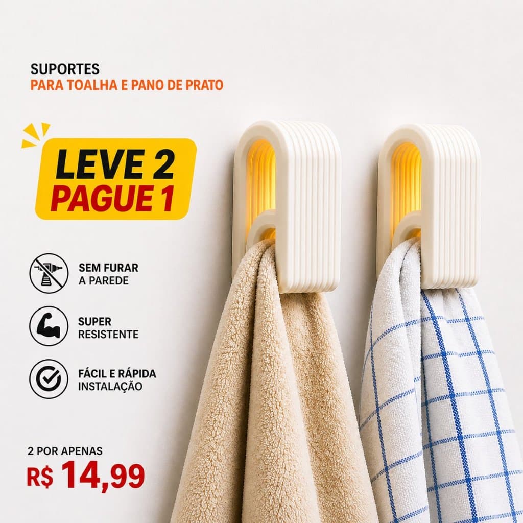 Gancho de Parede Branco Moderno para Toalha e Pano de Prato – Suporte Minimalista Banheiro Cozinha