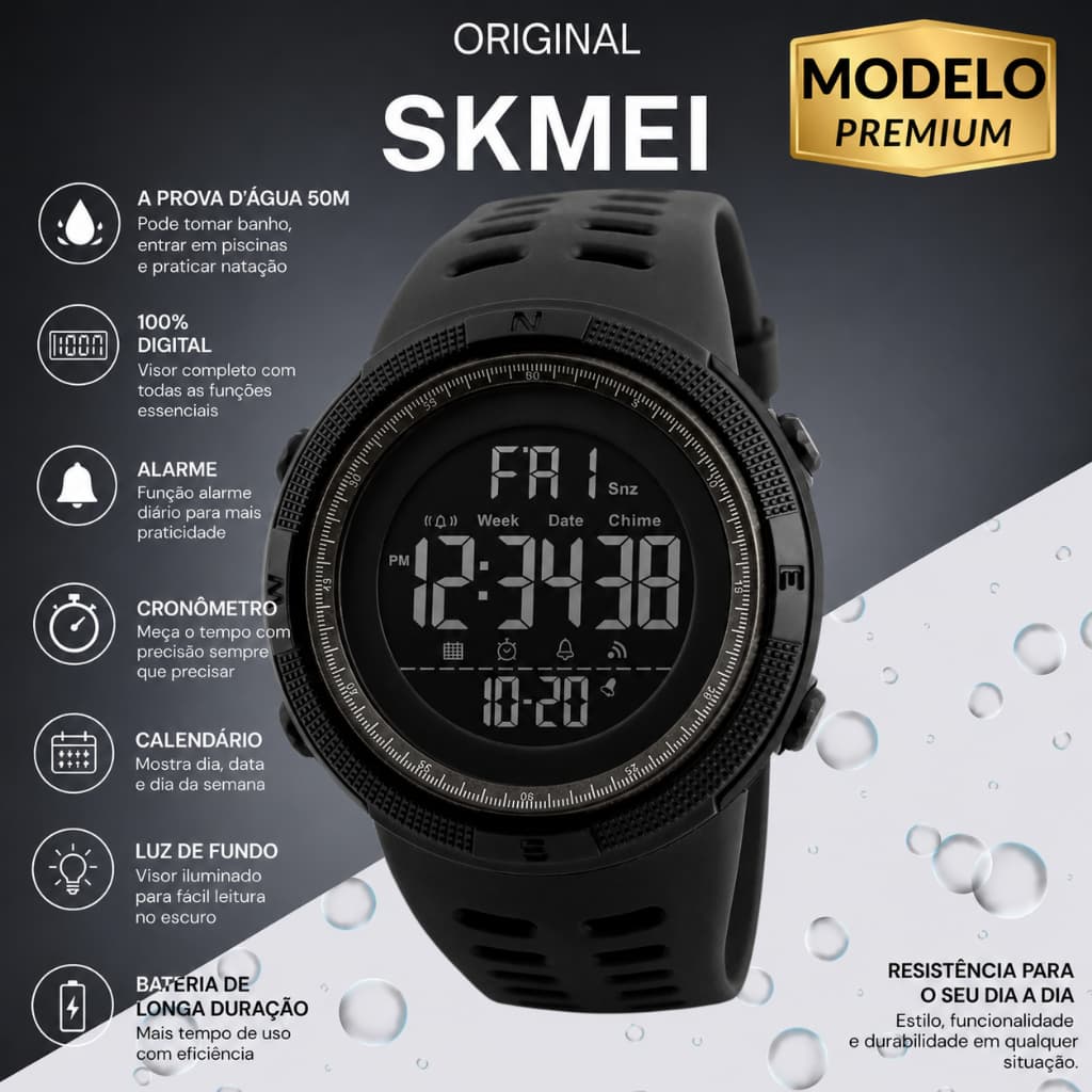 Relógio Digital SKMEI Original Masculino Esportivo Preto 50M À Prova D’Água Luz Noturna